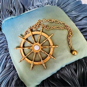 Vintage Ship Wheel Large Goldtone Nautical Necklace with Heavy Chain